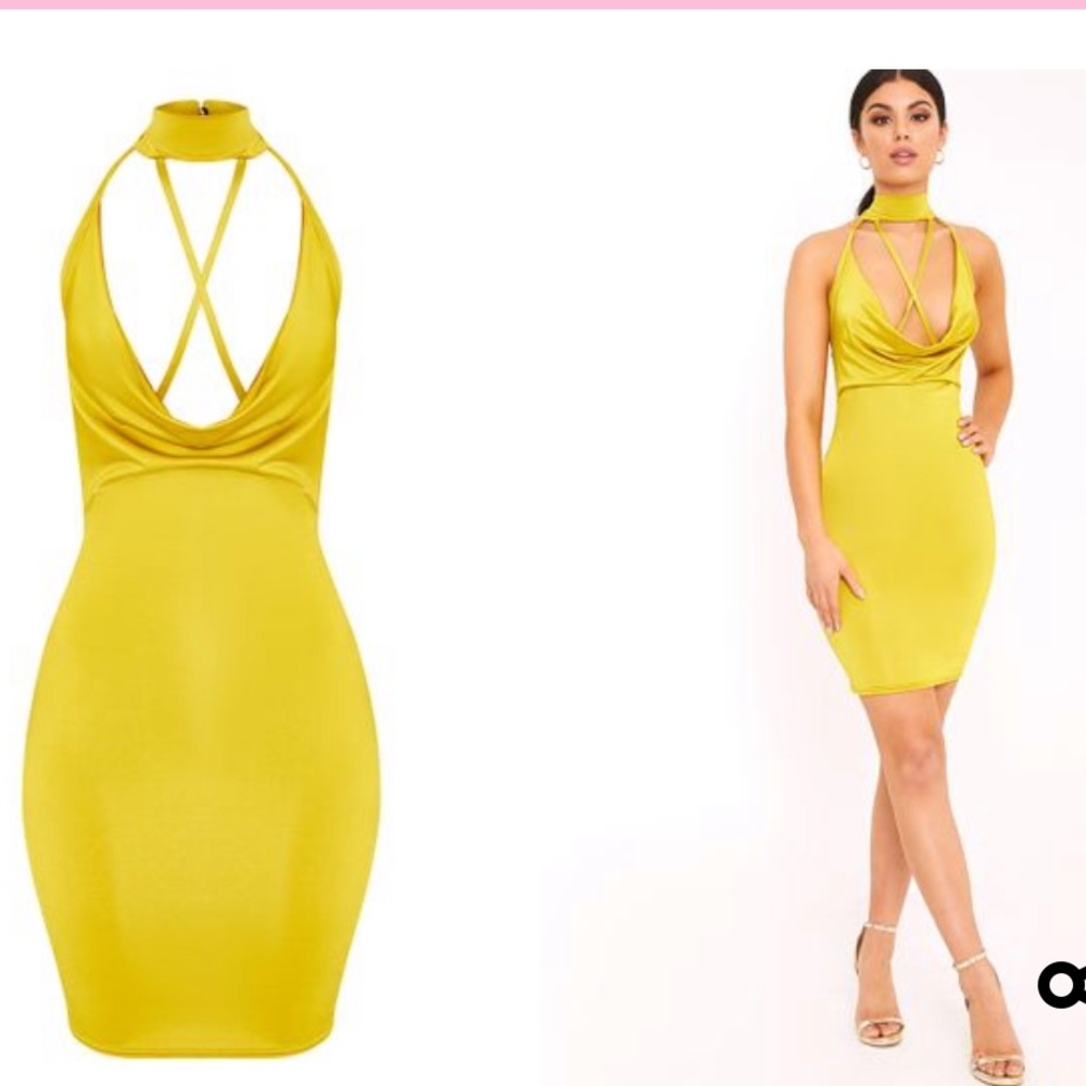 Jesime Dark Lime Slinky Cowl Neck Bodycon Dress